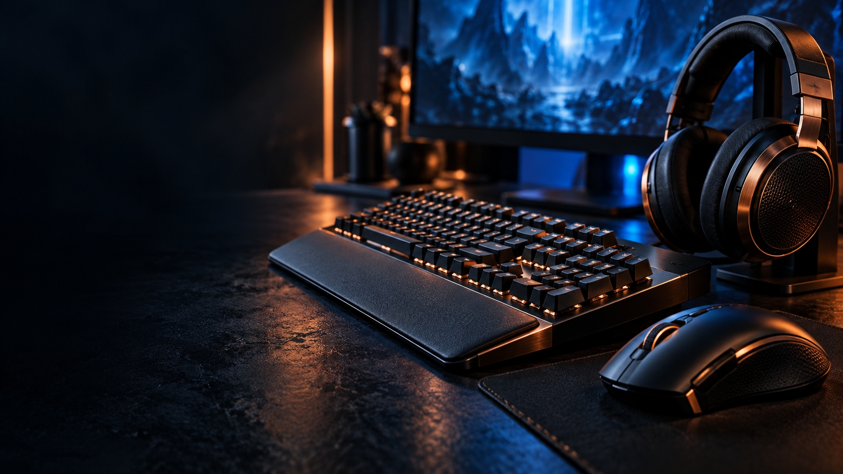 Gaming-Motiv mit Tastatur und Headset in blauem und kupferfarbenem Licht